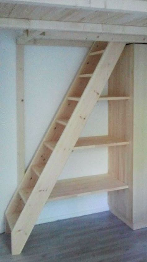 Loft Bed Stairs, A Loft Bed, Loft Bed Plans, Diy Loft Bed, Tiny House Stairs, Loft Stairs, Loft Ladder, Homemade Tables, Attic Remodel