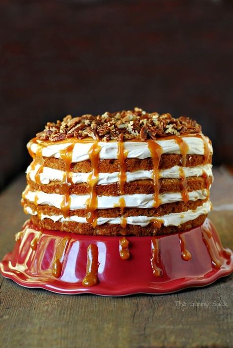 Caramel Pecan Mousse Apple Cake Apple Mousse Cake, Pecan Carrot Cake, Apple Mousse, Caramel Mousse, Mousse Cake Recipe, Gunny Sack, Caramel Dip, Spiced Pecans, Spice Cake Mix