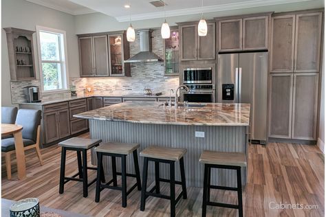 Open Concept Kitchen Featuring Storm Gray Stained Cabinets with Glass Accents - Cabinets.com Kitchen Gray Countertops, Gray Stained Cabinets, Stained Cabinets, Stained Kitchen Cabinets, Brown Kitchen Cabinets, Free Kitchen Design, Grey Countertops, Staining Cabinets, Brown Kitchen