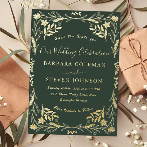 Elegant Chic Boho Forest Green Typography Wedding Wedding Invitations Forest, Woodsy Wedding Invitations, Chic Boho Wedding, Emerald Green Wedding Theme, Green Typography, Forest Green Wedding, Typography Wedding, Green Themed Wedding, Emerald Green Weddings