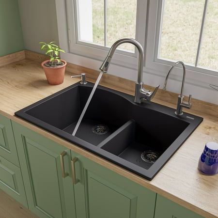 ALFI brand Granite Composite Kitchen Sinks are a great choice for any kitchen remodel. Durable material and a variety of sizes, shapes, and colors provide you with a unique and long lasting sink that is sure to make cooking more enjoyable. Modern design and smooth surfaces create a flawless look for years to come. Size: 33 x 22 x 9.5.  Color: Black. Touch Kitchen Faucet, Granite Composite Kitchen Sink, Composite Kitchen Sinks, Granite Composite Sinks, Pull Down Kitchen Faucet, Black Kitchen Sink, Drop In Kitchen Sink, Black Sink, Drop In Sink