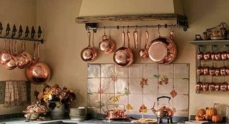 French Interior Style, Panel Doors Interior, Copper Pots And Pans, Clean Copper, Country House Kitchen, French Inspired Home, Copper Kitchen Utensils, Country Home Magazine, Timber Floor