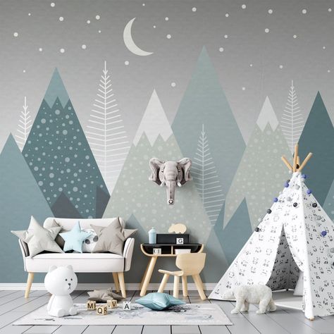 Kids Wallpaper Mountain Nursery Wall Mural Peel and Stick Easy | Etsy Australia Newborn Room Ideas, Mountain Nursery Wall, Wallpaper Mountain, Camping Room, Nursery Planning, Mountain Nursery, Kids Room Murals, Baby Boy Bedroom, Kids Room Paint