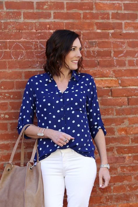 Blue & White Polka Dot Portofino Shirt Outfit for Spring Outfit For Spring, Jolynne Shane, Portofino Shirt, Spring Look, Polka Dot Blouse, Spring Looks, Style Ideas, White Polka Dot, Shirt Outfit