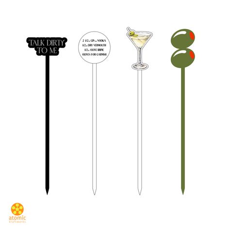 These Dirty Martini Picks are stir sticks and cocktail picks. This set includes: Black "Talk Dirty to Me", White Dirty Martini Recipe, Color UV Printed Dirty Martini and Cocktail Olive Olives. DETAILS: • Made from 1/8" thick acrylic • Packaged as set of 4 • Reusable, hand wash •