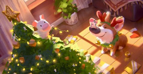 ArtStation - Almost there, Lynn Chen Christmas Illust, Lynn Chen, Bubble Christmas, Color Script, Puppy Art, Anime Christmas, Winter Illustration, Almost There, Christmas Drawing