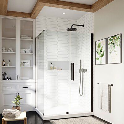 The frameless pivot shower door offers the kind of simple, stylish versatility that complements any and all bathroom styles. The shower base is made of Premium fiberglass-reinforced Acrylic. The anti-slip white acrylic base is sturdy and easy to clean, fitting perfectly to your required dimensions. Frame Finish: Oil Rubbed Bronze | Ove Decors Endless Pasadena 60" W x 35.98" D x 72.01" H Frameless Rectangle Shower Kit w / Base Included, Fiberglass in White | Wayfair PA0563340 Bathroom With Stand Up Shower Only, Shower With Glass Wall, Sauna Layout, Corner Shower Kits, Bathtub Enclosures, Frameless Hinged Shower Door, Shower Stalls, Door Magnet, Corner Shower Enclosures