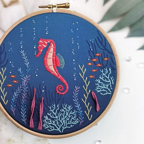 Underwater Embroidery, Paint And Embroidery, Marine Embroidery, Ocean Embroidery, Watercolor Embroidery, Baby Dress Embroidery, Ocean Travel, Tropical Ocean, Hand Embroidery Kit