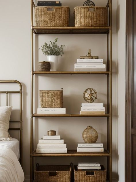 Shelf Organization Aesthetic, Storage Baskets Bedroom, Organized Bedroom, Brass Bookends, Bookshelf Aesthetic, Bedroom Shelf, Rattan Storage, Organizing Hacks, Shelves In Bedroom