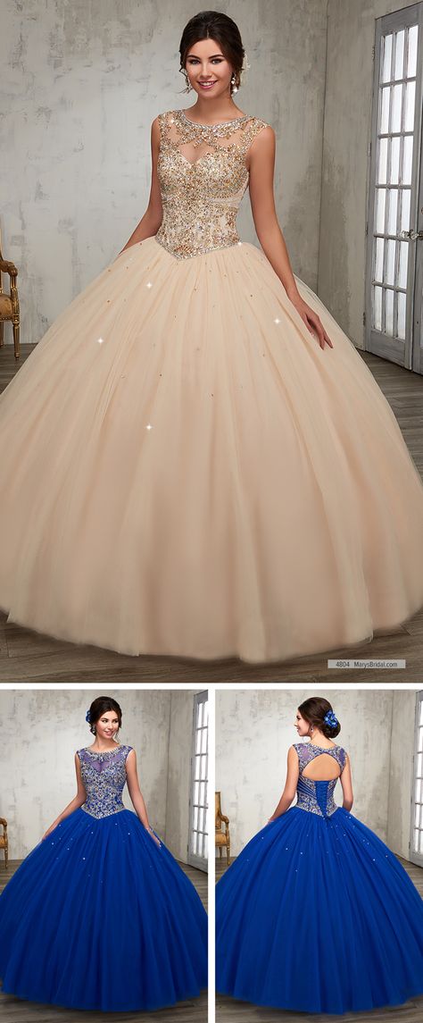 Mary's Quinceanera Style 4804 • Tulle quinceanera ball gown with bateau neck line, beading detail on bodice, basque waist line, and back with cut-out and lace-up closure. 15 Birthday Dresses, Quinceañera Dresses, Sweet 15 Dresses, Quinceñera Dresses, Summer Wedding Dress Beach, Basque Waist, Pretty Quinceanera Dresses, Quince Ideas, Quinceanera Dress