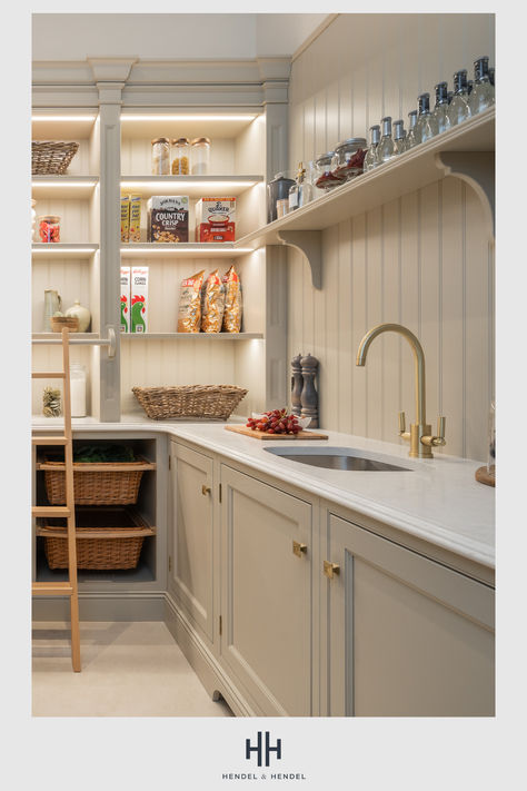 Take a look at this stunning kitchen design by Oaklea Interiors. Neutral colour schemes and shaker style cabinets finished with our Aubyn Collection create a stunning interior space incorporating traditionalism through out. #HendelAndHendel Pantry Cupboard Designs, Traditional Pantry, Stable House, Stable Conversion, Meadow Cottage, Croft House, Green Kitchen Designs, Pantry Inspiration, Devol Kitchens