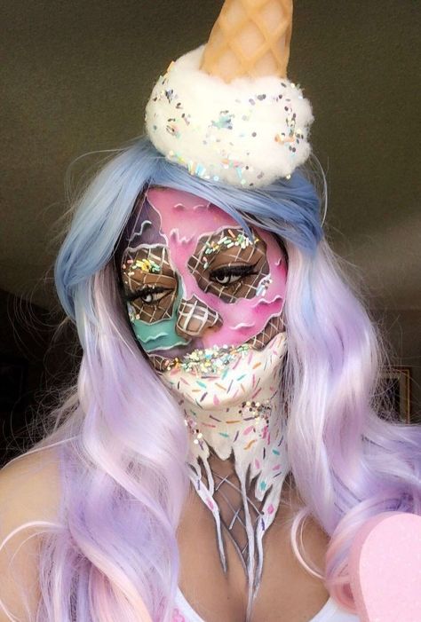 Melted Ice Cream Makeup, Melted Ice Cream Costume, Ice Cream Make Up, Dessert Makeup, Fly Makeup, Ice Cream Costume, Disney Eye Makeup, Drag Kings, Melted Makeup