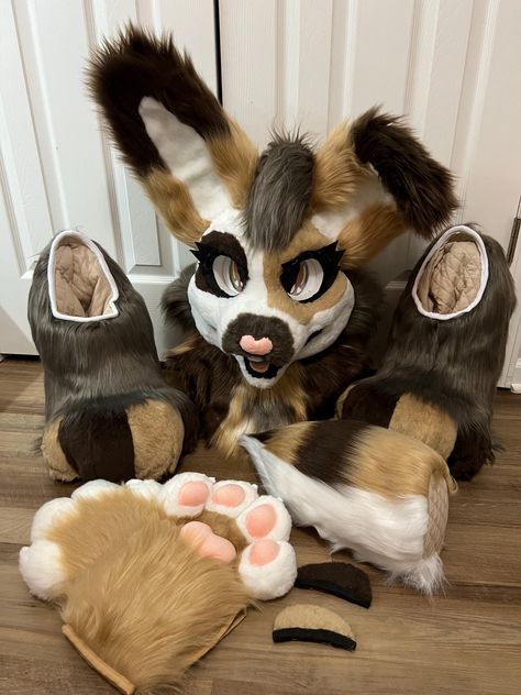 Bunny fursuit full partial premade. I can take $1750 through PayPal or Cashapp aswell! includes head, feet, tail, handpaws, eyelids,tongue,hairpoof. This is my first finished fursuit head I'm selling so mind you it's not perfect. I would say head is Mq, tail is hq, feet are higher mq and hand paws are hq. Eyelids,hairpoof and tongue are velcro. The head can fit anyone and is fully lined and comfortable inside. Vision is ok, hidden belt loop on tail and fully lined feet and hand paws, the eyes ar Unique Fursuit Species, Rat Fursuit, Possum Fursuit, Rabbit Fursuit, Bunny Fursuit, Fursuit Eyes, Fursuit Head Base, Fursuit Ideas, Fursuit Tutorial