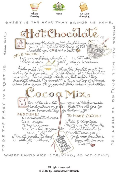 Hot Chocolate (Susan Branch) Susan Branch, Illustrated Recipes, Hot Chocolate Mix, Cocoa Mix, Chocolate Mix, Hot Chocolate Recipes, Old Recipes, Vintage Recipes, Food Illustrations