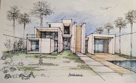 Villa Sketch, Interior Architecture Sketch, Landscape Design Drawings, Perspective Drawing Architecture, Concept Models Architecture, Building Sketch, Architecture Sketchbook, Interior Design Sketches, Architecture Design Sketch