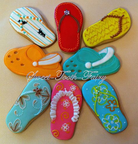 Love these flip flops and crocs--so creative, especially the blue one in the bottom left. Flip Flop Cookies Decorated, Flip Flop Cookie, Summer Sugar Cookies, Onesie Cookies, No Bake Sugar Cookies, Farm Cookies, Beach Cookies, Cookie Monster, Sugar Cookie Royal Icing