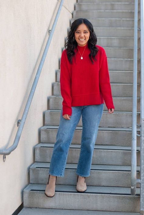 red sweater + cropped straight leg jeans + tan boots + gold necklace + gold earrings Red Sweater Outfit Casual, Straight Jeans Outfit Winter, Sweater Outfit Casual, Outfit Ideas For Thanksgiving, Outfits For Thanksgiving, Layered Winter Outfits, Short Sweaters, Nursing Friendly Outfits, Red Sweater Outfit