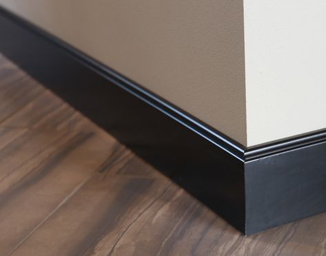 Interior Products | base moulding softens floor-to-wall transitions with the perfect finishing touch | Bayer Built Woodworks, Inc. Dark Baseboards And Trim, Black Moldings And Trim, Dark Baseboards, Black Baseboards, Baseboards And Trim, Black Trim Interior, Baseboard Ideas, Modern Baseboards, White Baseboards