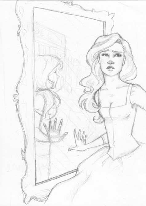 A drawing of Beatrice Whaley from the webcomic The Dreamer. In the mirror is supposed to be a reflection of her in the modern day hall of her school. Eventually maybe I'll color it or add on to it ... Drawing Base Mirror, Mirror Portrait Drawing, Drawing Of Someone Looking In The Mirror, Your Reflection Drawing, Standing In Mirror Drawing, How To Draw Mirror Reflection, Reflection In The Mirror Drawing, Princess Drawing Reference Poses, Woman Posing Drawing