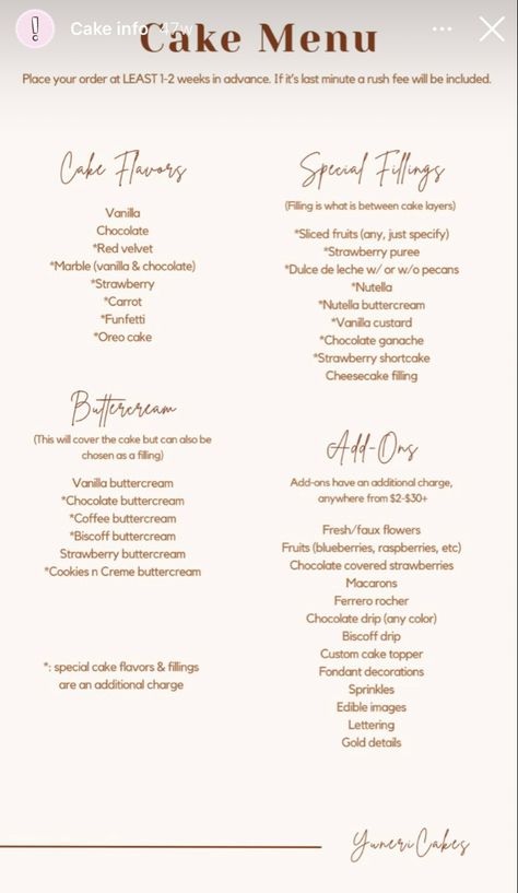 Cupcake Menu Ideas, Cake Menu Ideas, Cupcake Pricing Chart, Cake Menu Design Ideas, Home Bakery Menu Ideas, Bakery Menu Ideas, At Home Bakery Business, Home Cake Business, Bakery Menu Design