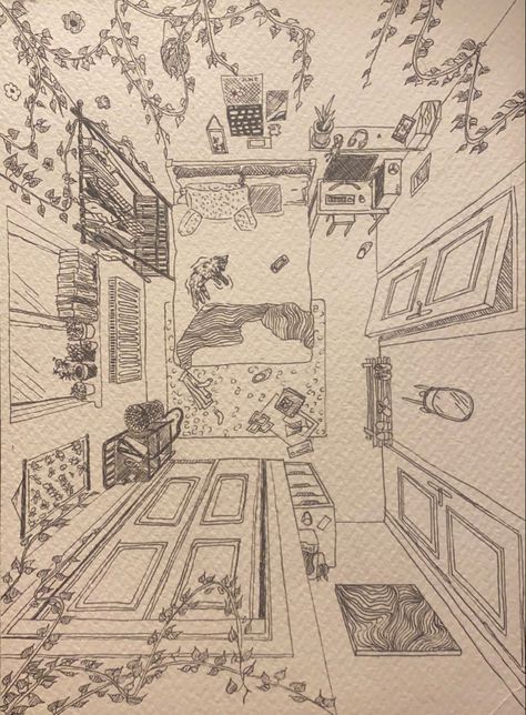 Art Inspo Perspective, Drawing Rooms In Perspective, Simple But Detailed Drawings, Drawing Room Perspective, Drawing Bedroom Ideas, Room Perspective From Above Drawing, 1 Perspective Room, Perspective Art Sketch, One Point Perspective Room Aesthetic