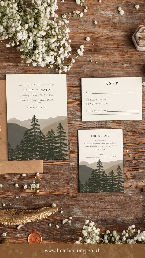 Mountain Invitation, Forest Wedding Invitation, Country Wedding Rustic, Forest Invitation, Forest Green Wedding, Forest Wedding Invitations, Illustrated Invitations, Rustic Woodland Wedding, Wedding Forest