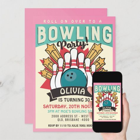 Bowling Birthday Party Invitations, Retro Birthday Parties, Bowling Party Invitations, Bowling Birthday Party, Retro Bowling, Bowling Birthday, Bowling Party, Retro Birthday, Pink Retro