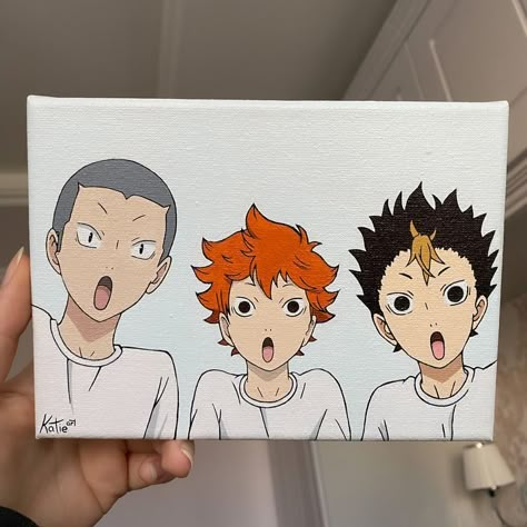 Hinata Shoyo , Tanaka Ryunosuke and Nishinoya Yu from Haikyuu Haikyuu Canvas Painting, Haikyuu Painting Ideas, Haikyuu Painting, Anime Painting Easy, Naruto Painting Ideas On Canvas, Haikyuu Drawing, Anime Canvas Painting, Retro Painting, Iphone Wallpaper Kawaii