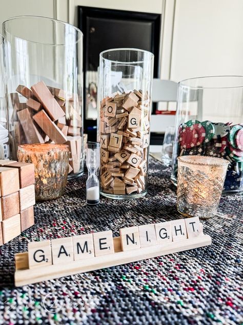 Card Game Party Decorations, Puzzle Night Ideas, Game Night Event, 30th Birthday Game Night, Game Night Date Aesthetic, Game Night Party Decor, Board Game Bridal Shower Theme, Game Night Hosting Ideas, Womens Theme Party Ideas