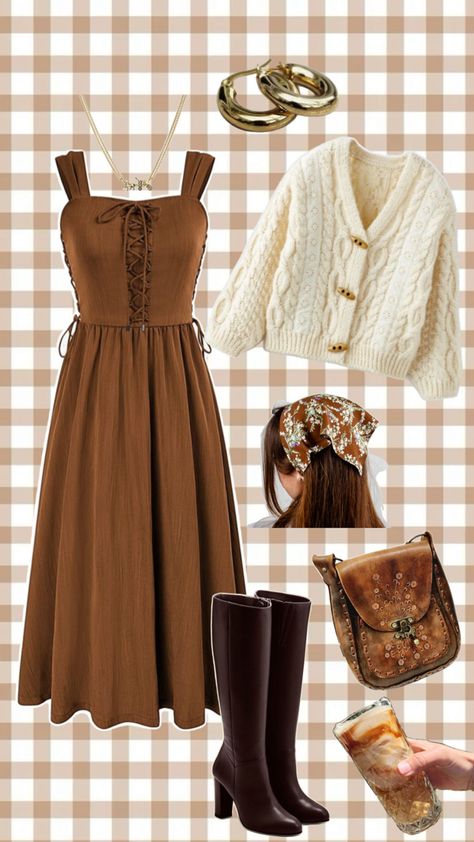 Brown dress equestrian classic style outfit for fall autumn 2024 earth tones Earth Tone Aesthetic Fashion, Warm Tone Outfits, Earth Toned Outfits, Earth Tones Outfit, Outfit For Fall, Classic Style Outfits, Boho Style Outfits, Brown Dress, Fall 2024