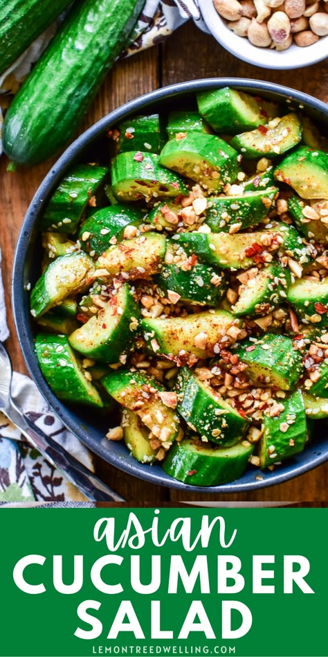 This Asian Cucumber Salad is the most addictive salad ever! A delicious combination of crunchy cucumbers, sesame oil, soy sauce, rice wine vinegar, and a handful of spices, it's perfectly savory with a hint of spice... and especially delicious topped with crushed peanuts! Asian Cucumbers, Soy Sauce Rice, Asian Cucumber Salad, Creamy Cucumber Salad, Creamy Cucumbers, Asian Salad, Cucumber Recipes Salad, Cucumber Recipes, Rice Wine Vinegar