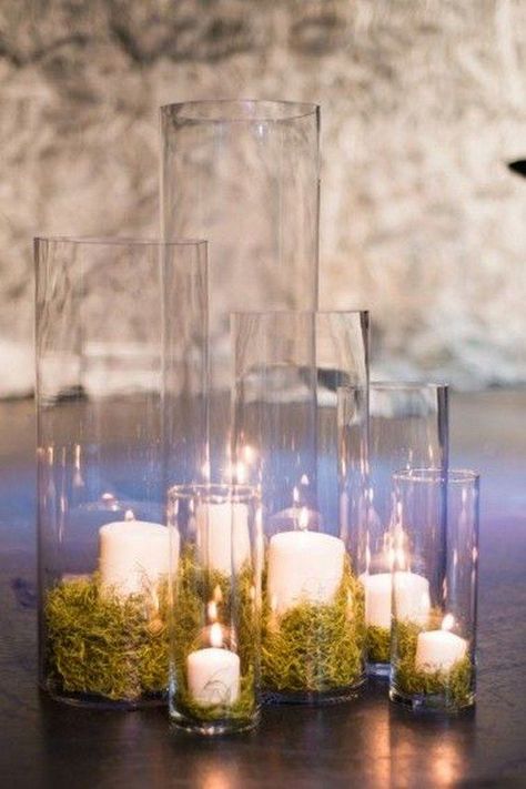 woodland moss and candle wedding decor  / http://www.himisspuff.com/woodland-moss-wedding-ideas/4/ Moss Centerpieces, Moss Wedding, Koti Diy, Deco Champetre, Moss Decor, Candle Wedding Decor, Kitchen Island Decor, Island Decor, Woodland Wedding