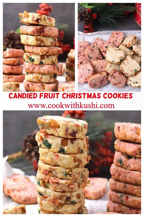 Karachi Biscuits Recipe, Fruit Christmas Cookies, Candied Fruit Cookies, Karachi Biscuits, Ginger Nut Biscuits, Candied Fruit Recipes, Nut Butter Cookies, Refrigerator Cookies, Fruity Cookies