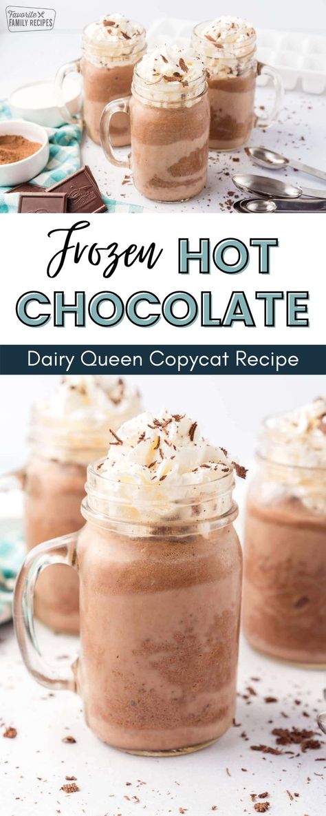 This Frozen Hot Chocolate recipe has a rich, hot chocolate taste, with the creaminess of a chocolate milkshake. There’s nothing better than drinking this cool, creamy, chocolatey drink on a hot summer day! They taste like the fancy drinks you can get in New York City at Serendipity but a lot cheaper and easier to make at home. Dairy Queen Frozen Hot Chocolate Recipe, Things To Make With Hot Chocolate Powder, Frozen Hot Chocolate Recipe Dq, Recipes With Hot Chocolate Powder, Homemade Frozen Hot Chocolate, Frozen Hot Cocoa Recipe, Serendipity Frozen Hot Chocolate Recipe, Frostbite Blue Christmas Cocoa, How To Make Frozen Hot Chocolate