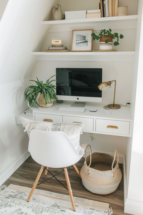 30 Genius Small Home Office Decorating Ideas for Big Productivity - Days Inspired Small Work Station Ideas Home, Small Home Workspace, Small Desk Ideas Bedrooms, Dining Room Playroom Combo, Creative Room Dividers, Desk Decor Ideas, Desk Nook, Thriving Home, Home Office Decorating Ideas