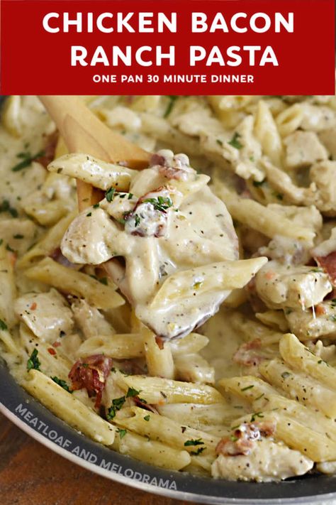 Ranch Dressing Healthy, Cubed Chicken Recipes, One Pan Dinner Recipes, Cubed Chicken, Bacon Ranch Pasta, Dressing Healthy, Chicken Bacon Pasta, Chicken Ranch Pasta, Chicken Bacon Ranch Pasta