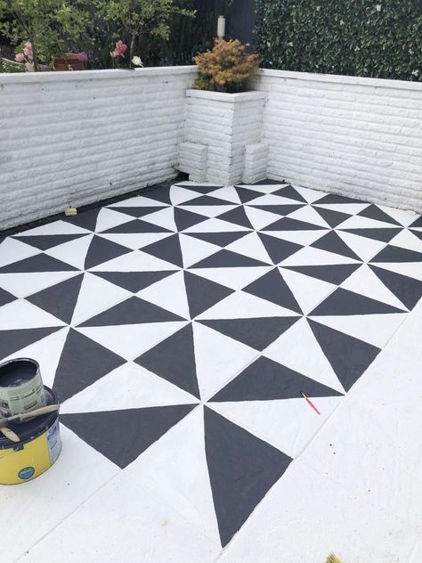 Our Painted Patio Makeover – Progress And Products Used - Boo & Maddie Painted Patio Slabs Outdoor Spaces, Stencil Floor, Concrete Yard, Dark Grey Paint, Floor Painting, Patio Slabs, Painted Patio, Patio Tiles, Painted Floor