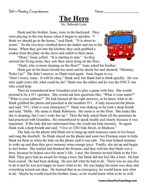 This Reading Comprehension Worksheet - The Hero is for teaching reading comprehension. Use this reading comprehension story to teach reading comprehension. Second Grade Reading Comprehension, Teaching Reading Comprehension, Second Grade Reading, English Stories For Kids, Reading Comprehension Lessons, Have Fun Teaching, Children's Stories, English Story, 2nd Grade Reading