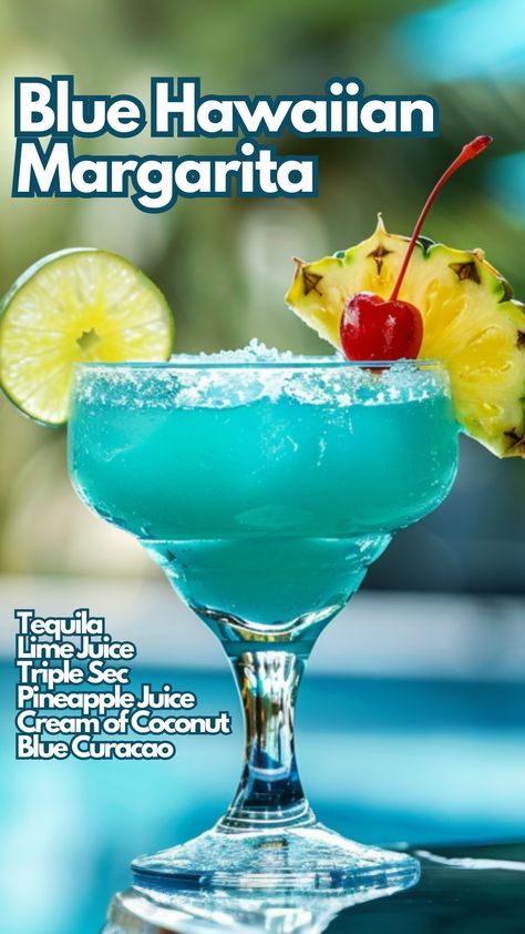 Blue Hawaiian Margarita Blue Hawaiian Margarita, Blue Curacao Margarita, Drinks With Blue Curacao, Hawaiian Margarita, Blue Hawaiian Drink, Margarita Flavors, Blue Hawaiian Cocktail, Coconut Cocktails, Margarita Night