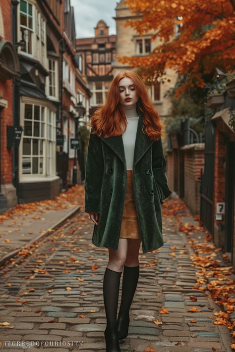 Redhead woman, green coat, autumn street, walking alone, golden leaves, cool air, chic fashion, relaxed expression, peaceful moment, cobblestones, layered fall style, muted colors, seasonal beauty, calm demeanor, soft breeze, crisp air, thoughtful mood, soft lighting, quiet street, subtle elegance, understated beauty, autumn walk, serene moment Redhead Fall Outfits, Outfit Parisienne, Green Velvet Coat, Teen Fall Outfits, Autumn Deep, London Outfits, Redhead Woman, Layering Ideas, Autumn Makeup