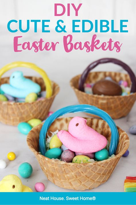 Make these adorable edible Easter baskets to decorate your Easter table this year! #easter #easterbasket #eastercandy #neathousesweethome Edible Easter Basket, Edible Bird's Nest, Cadbury Caramel, Easter Marshmallow, Waffle Bowl, Start A Blog For Beginners, Blog For Beginners, Motherhood Lifestyle, Edible Glue