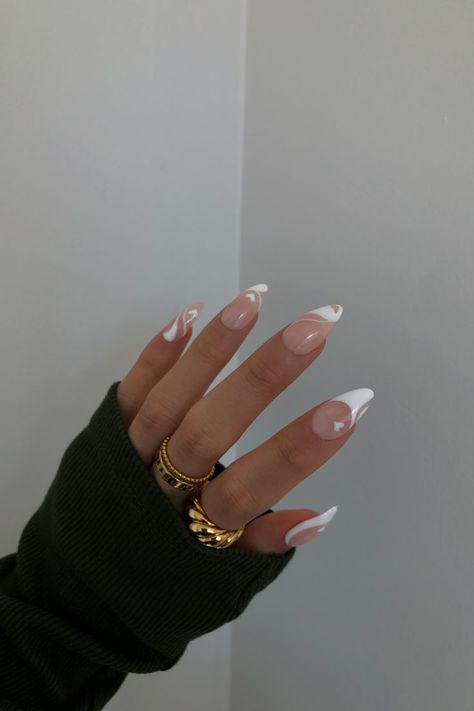 White Abstract Nails, Almond Press On Nails, Abstract Nails, Wide Nails, Short Press On Nails, February Nails, Medium Almond, Valentine Nails, Almond Nails Designs