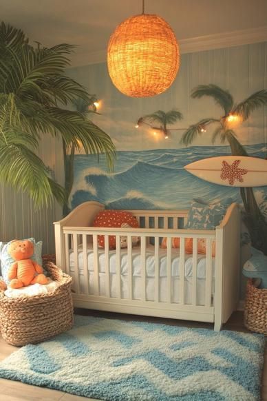 29 Ocean Nursery Ideas To Bring Underwater Magic To Your Babys Space Island Theme Nursery, Nautical Themed Nursery, Aquarium Nursery, Ocean Nursery Ideas, Sea Themed Decor, Sea Themed Nursery, Coastal Nursery, Ocean Themed Nursery, Harry Potter Nursery