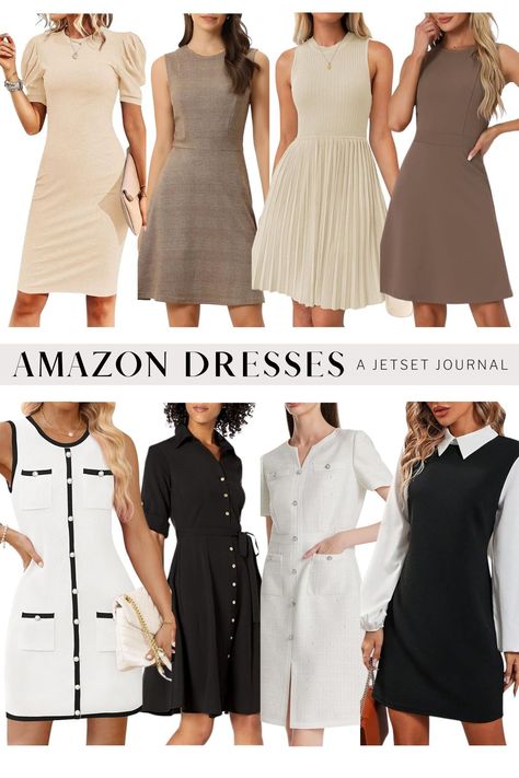 These neutral dresses from Amazon are so chic and are perfect for the office! Plus they’re affordable (most are under $50!) which means you can update your office wardrobe without breaking the bank. Click the pin to shop this office chic look today! Work Dress Women Office, Dresses For The Office, Office Chic Style, Office Outfit Inspiration, Amazon Office, Dresses From Amazon, Neutral Capsule Wardrobe, Neutral Dresses, Capsule Wardrobe Work