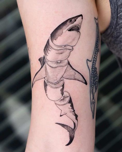 Get ready to dive into the world of shark tattoos and discover their unique symbolism and style. We invite you to learn more about their meaning, as well as choose a design that's right for you. Oozy Tattoo, Tattoo Artist Quotes, Film Tattoo, Shark Tattoo Ideas, Hai Tattoo, Korean Tattoo Artist, Surreal Tattoo, Korean Tattoos, Shark Tattoo