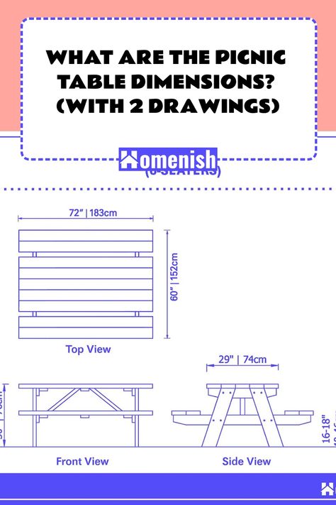 Picnic tables are designed to be an outdoor version of a dining table. Picnic benches are most typically rectangular in shape and have benches fitted along the lengths of the table for people to sit at. However, they are not just limited to use with picnics and can be found in pub or restaurant gardens for cooked meals to be served outside or in home backyards as a place to hang out or enjoy family grills. Let's go over the dimensions of picnic tables. Picnic Benches, Picnic Table With Umbrella, Picnic Table Bench, Table Picnic, Farmhouse Tables, Beach Table, Dining Table Dimensions, Outdoor Sitting Area, Picnic Bench