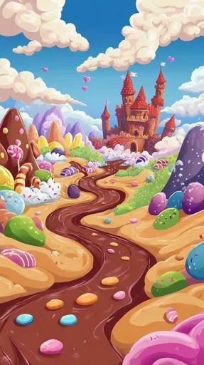 ↑↑↑ Larger size on website 🔸 The image depicts a whimsical candy land landscape. A winding chocolate river flows through the scen Candy World Illustration, Candyland Characters, Phone's Wallpaper, Chocolate River, Castle In The Distance, River Drawing, Gingerbread Castle, Movie Illustration, Floating Hearts