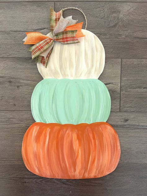 Large Pumpkins, Pumpkin Door Hanger, Pumpkin Door, Fall Door Hangers, Stacked Pumpkins, Quality Cabinets, Pumpkin Decor, Fall Door, Christmas Shop