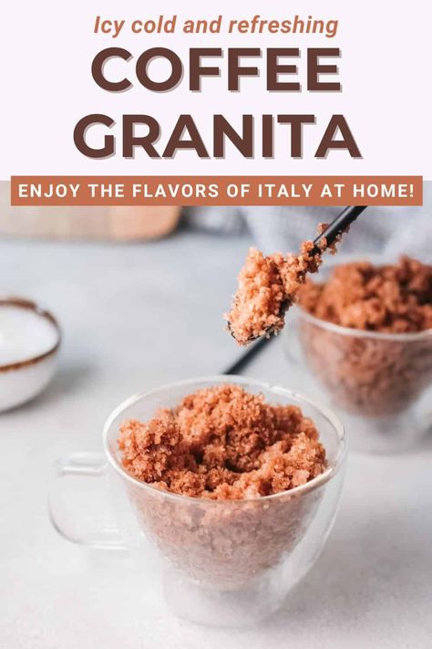 Enjoy the flavors of Italy at home with this simple and delicious coffee granita recipe. Serve on its own as a refreshing snack or top with cream for a refreshing coffee dessert | How to make coffee granita | Espresso granita | Homemade coffee granita recipes | iced coffee granita Coffee Granita Recipe, Coffee Granita, Coffee Smoothie Recipes, Cappuccino Recipe, Coffee Yogurt, Granita Recipes, Refreshing Snacks, Easy Coffee Recipes, Frozen Dessert Recipe