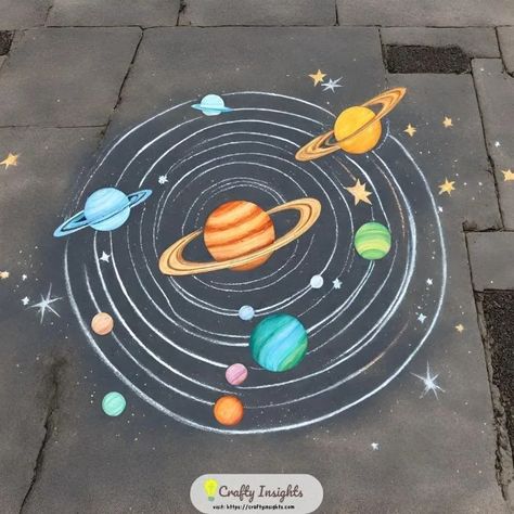 Street Chalk Art Ideas, Space Chalk Art, Chalk Sidewalk Art, Cool Sidewalk Chalk Art, Campus Beautification, Aesthetic Chalk Art, Easy Chalk Drawings, Easy Chalk Art, Chalk The Walk